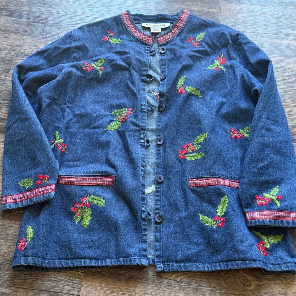 Vintage Christmas Embroidered Jean Button Up with Red and Green Accents
